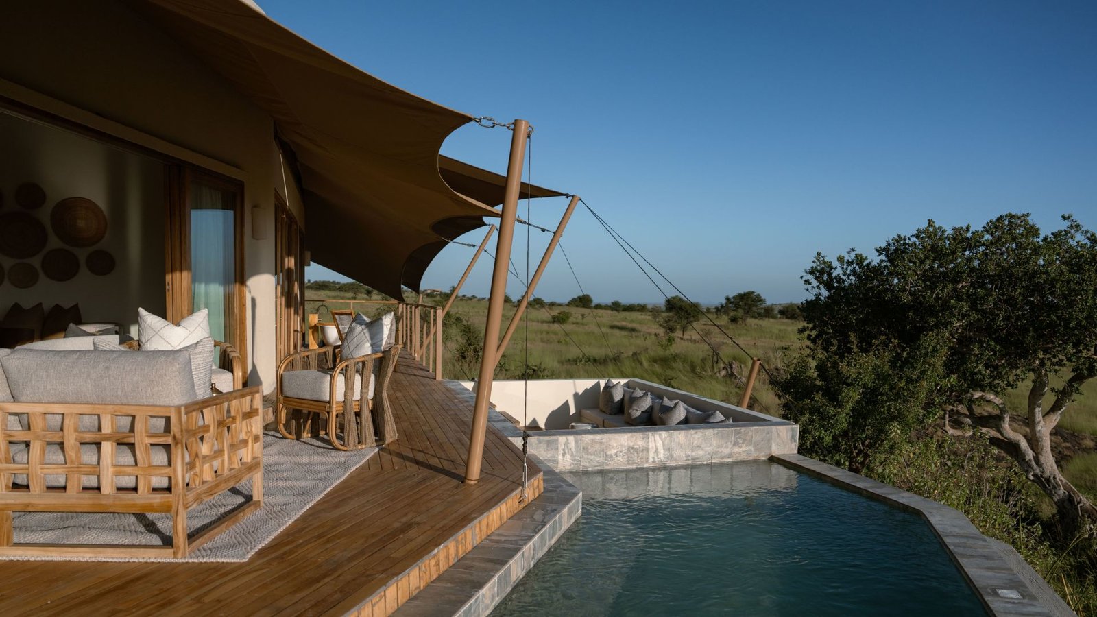 Luxury safari lodge exterior with panoramic views